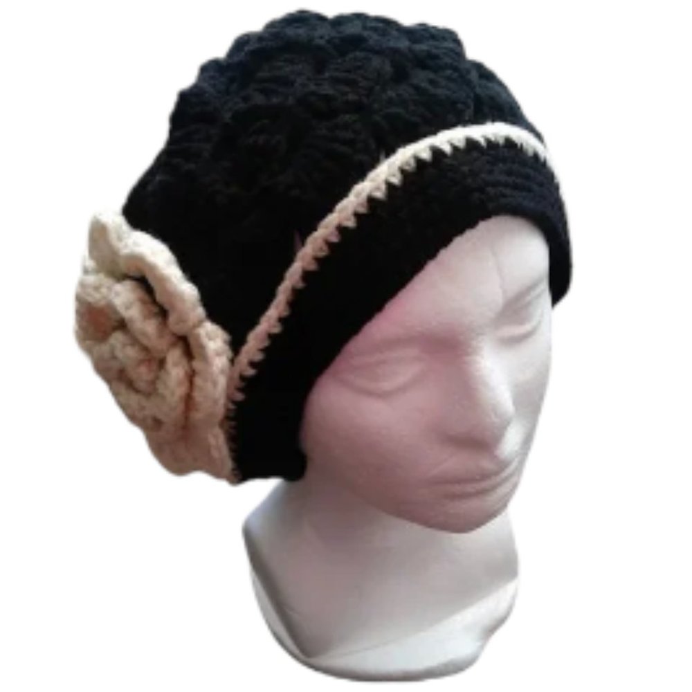 Handmade Worsted Cap Color Black with Beige Flower